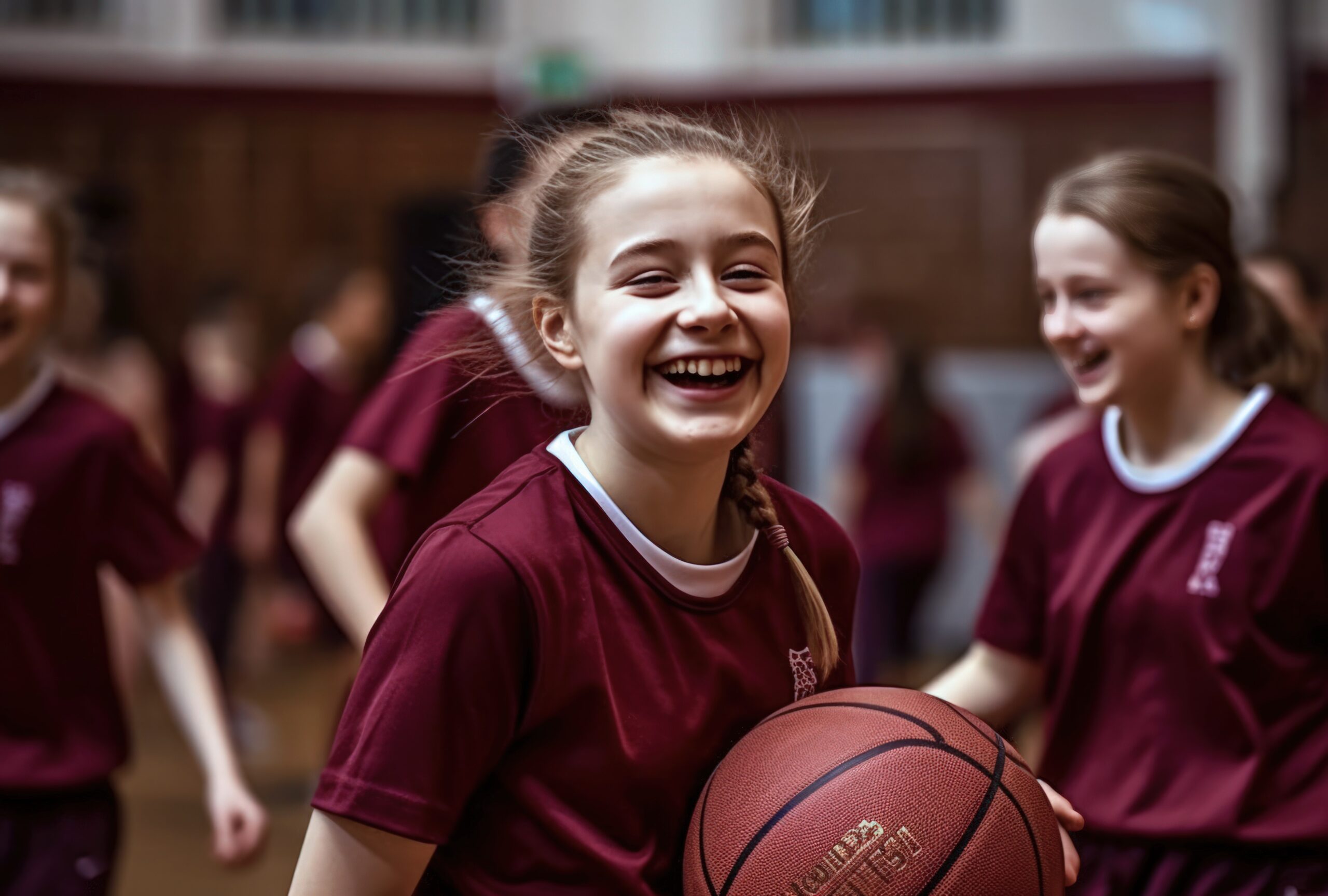 Candid shot of a girls basketball team, radiating fun, vitality, and the spirit of youth. Their energy and camaraderie capture the joy and excitement of playing together, generative ai